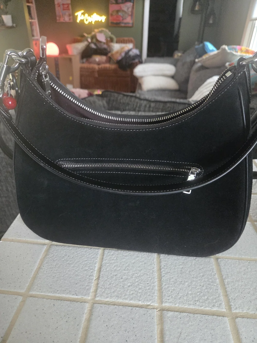 Coach Black Suede Shoulder Bag with Silver Logo